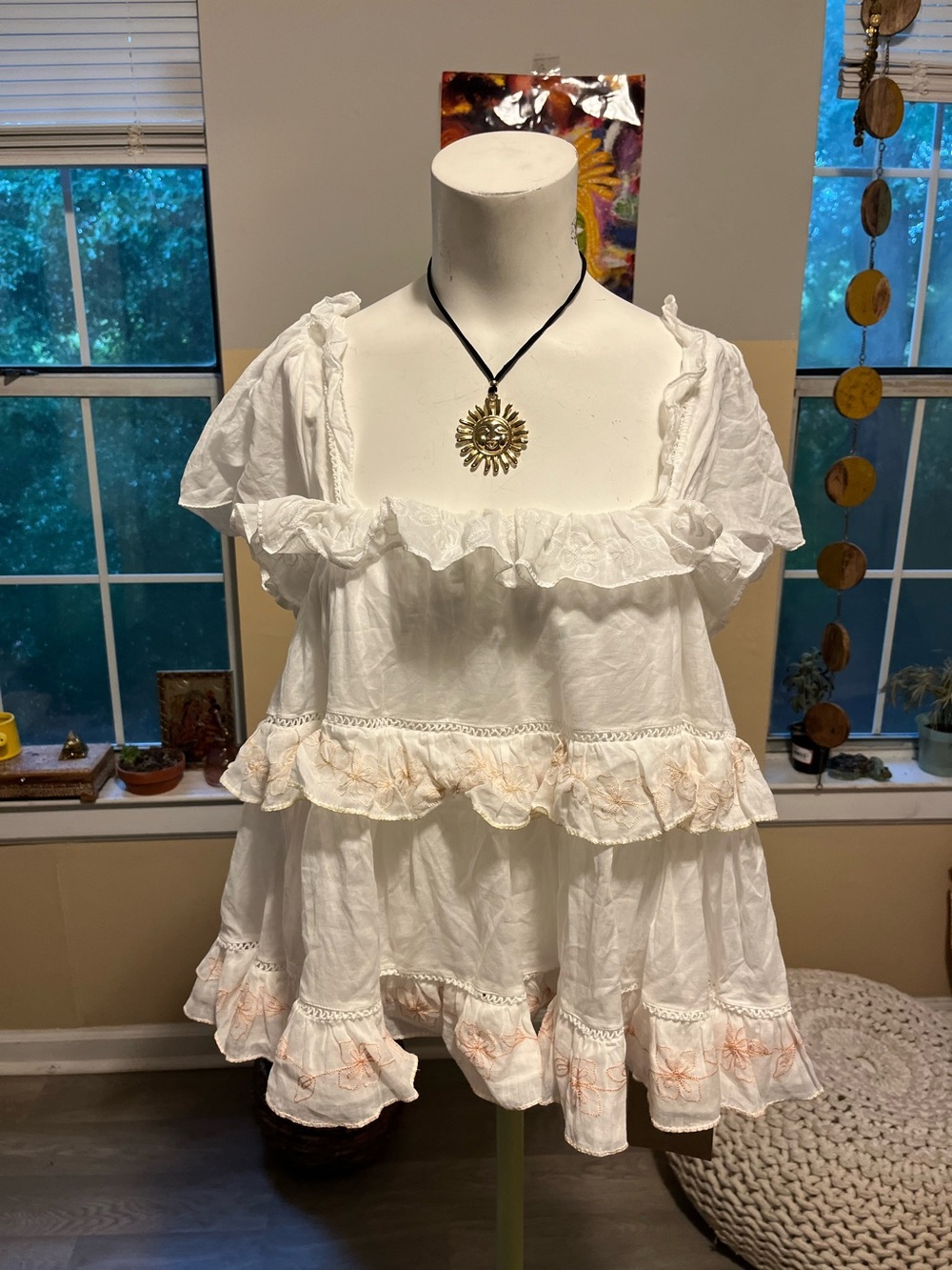 Innika Choi White Ruffled Peasant Top with Subtle Pink Embroidery